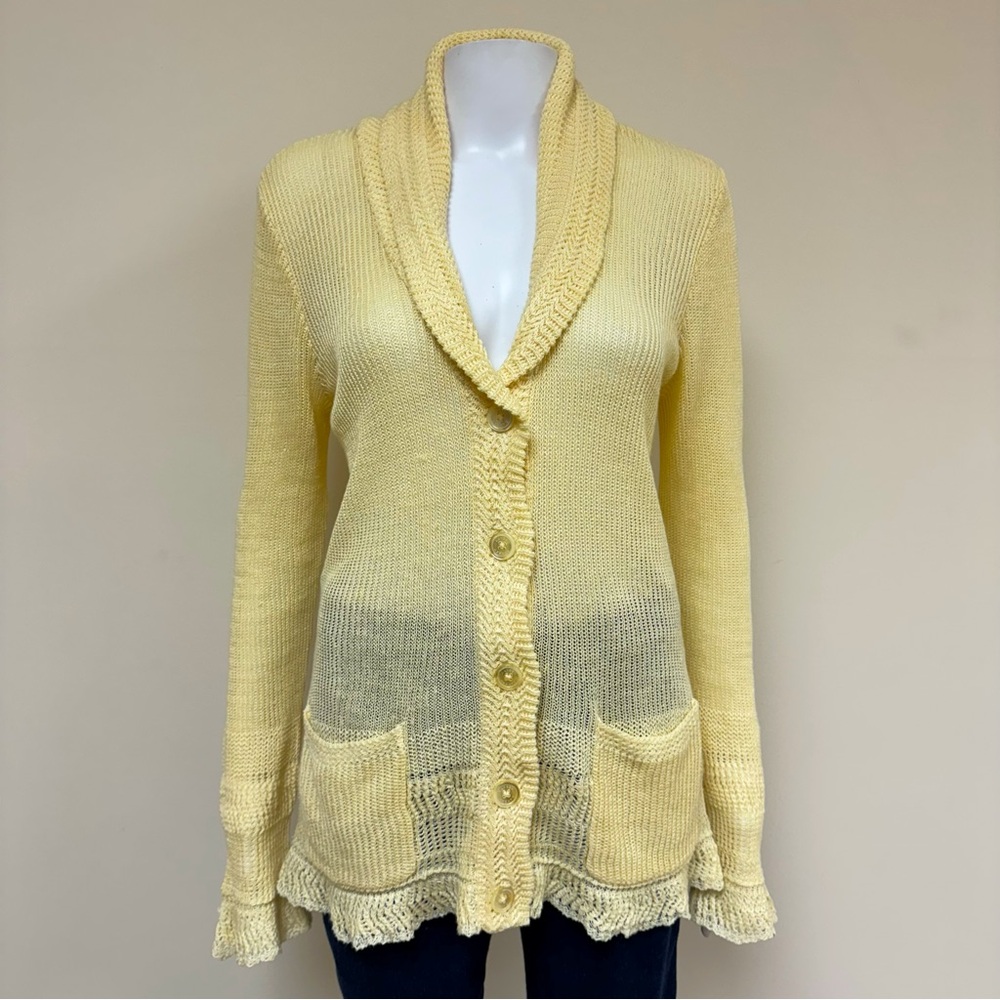 Lauren Ralph Lauren 100% Linen Lace Crochet Knit Shawl Collar Cardigan Sweater M